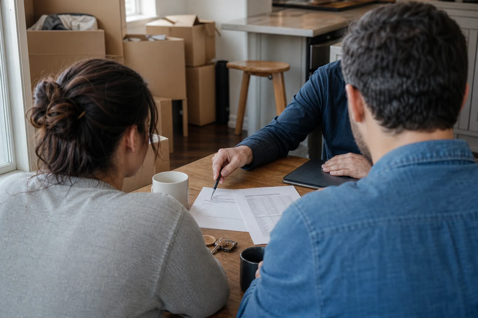 Couple seen from behind at a wooden kitchen table with an agent pointing a pen at papers, house keys and mugs on the table, moving boxes stacked behind them